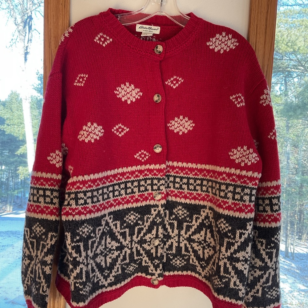 VTG Eddie Bauer Women Wool Alpaca Cardigan
Sweater Size Large Red Nordic